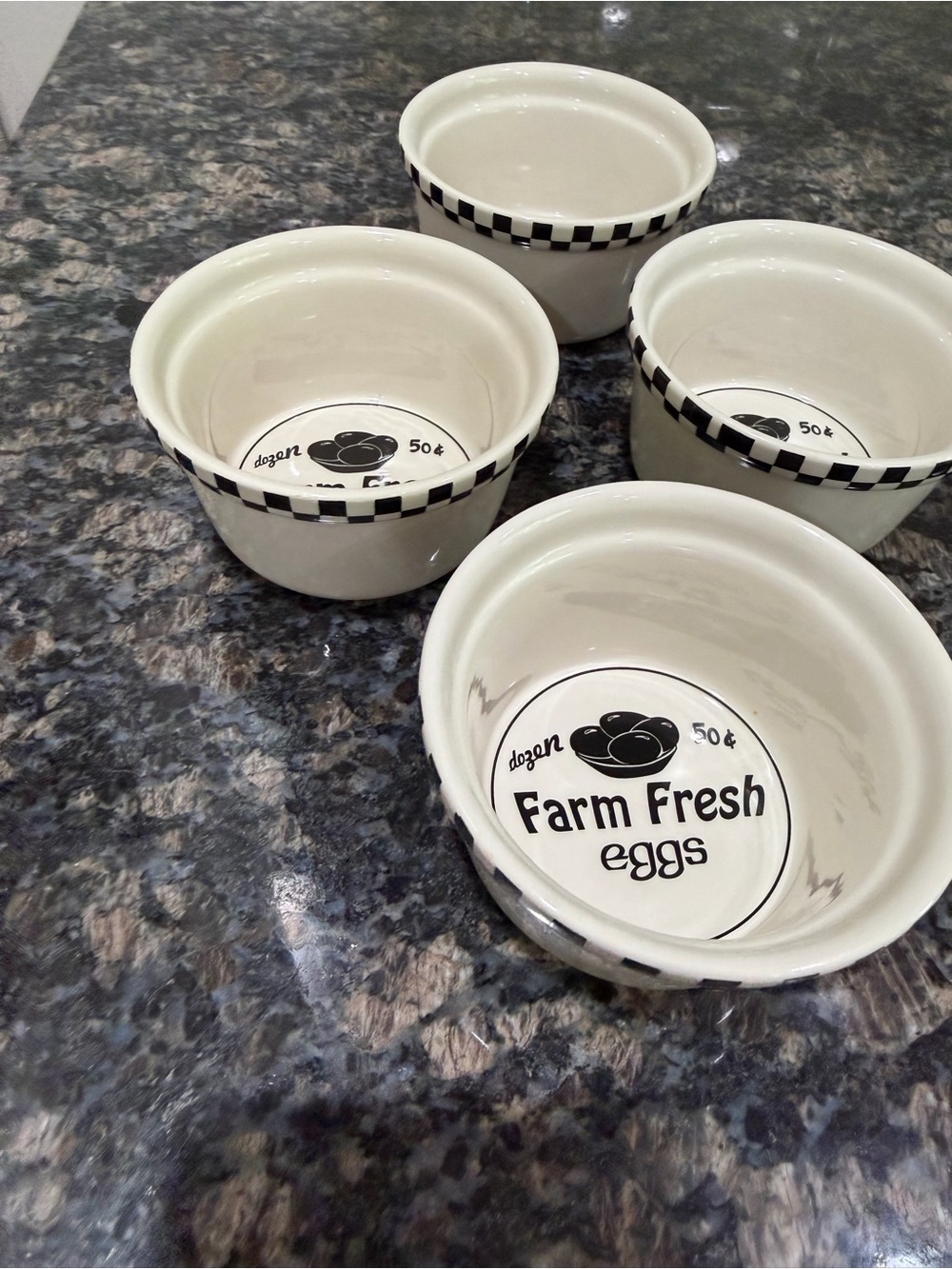 Farm Fresh Eggs Ceramic Ramekins - Black & Cream Check Trim